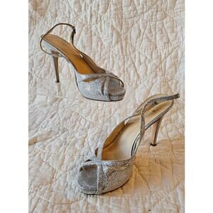 Kate Spade Metallic Silver Sparkle Platform Slingback Heels Women Sz 8B Open Toe